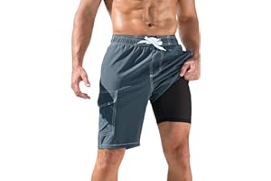 SILKWORLD Mens Swim Trunks with Compression Liner Quick-Dry 10" Stretch Beach Shorts