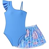 Glaoly Girls Swimsuit One Piece Swimwear Top with Tropical Print Cover Up Skirt Girls Bathing Suit 7-16 Years