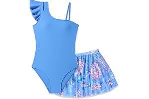 Glaoly Girls Swimsuit One Piece Swimwear Top with Tropical Print Cover Up Skirt Girls Bathing Suit 7-16 Years