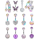 Vsnnsns 14G Belly Button Ring Piercing Jewelry 316L Stainless Surgical Steel Heart CZ Opal Butterfly Navel Rings Reverse Belly Button Ring Navel Piercing Jewelry for Women Men Hypoallergenic
