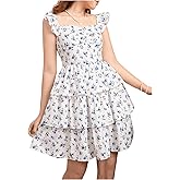 COZYEASE Girl's Floral Summer Dress Ruched Sweetheart A Line Dresses Ruffle Shirred High Waist Spring Dress