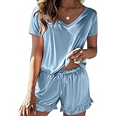 Ekouaer Satin Pajamas for Women Short Sleeve Silk Sleepwear 2 Piece Pjs Set with Ruffled Shorts Casual Loungewear