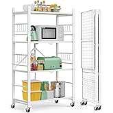 Himix Storage Shelves with 20 Hooks, 4-Tier Foldable Shelves for Storage, Folding Shelf Unit Pantry Shelves with Wheels, Metal Shelving Storage Rack Shelf for Kitchen Garage Home, White - No Assembly