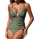 ZAFUL Women's 2 Pieces Tankini Swimsuits V Neck Bow Decor Lace up Tummy Control High Waisted Bikini Swimsuits