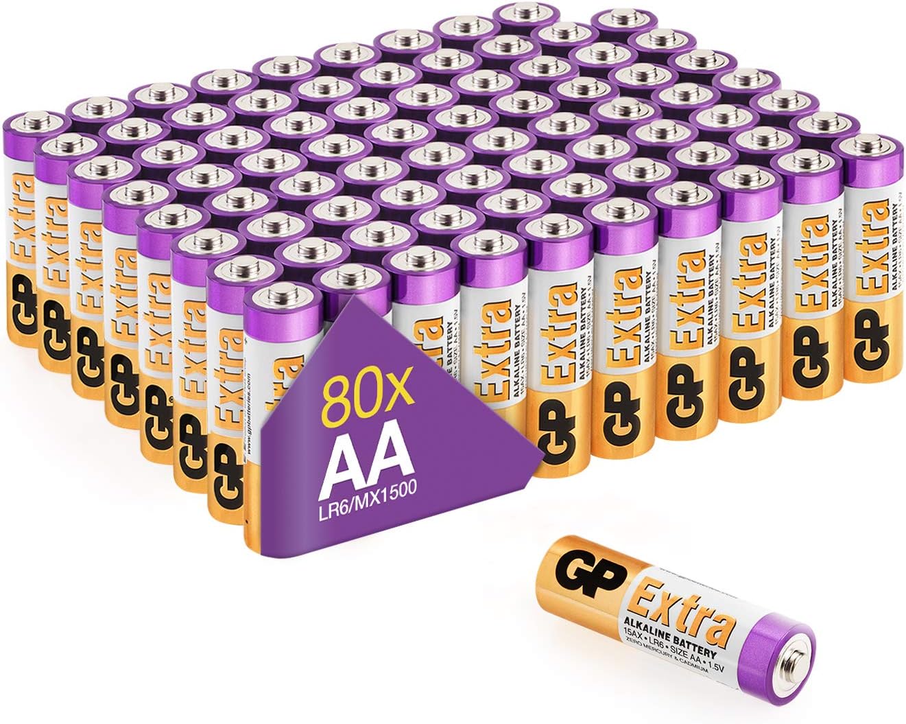 AA Batteries Pack of 80 1.5V / Mignon / LR06 / MN1500/ AM3 by GP Batteries AA Extra Alkaline Batteries ideal for: Toys/Controllers/Torch/Mouse Suitable for everyday use in a variety of devices