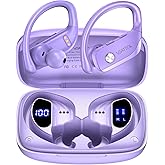 bmani Ear Buds Wireless Earbuds Bluetooth Headphones with 80H Playtime LED Display Case, Over-Ear Hook with Mic, Stereo Sound, Easy Button Controls, Sports Earphones for Running Workout Gym Purple