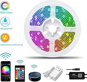 LED Strip Lights, PATIOPTION 16.4ft Waterproof WiFi Works with Alexa, Google, App Controlled Music Sync RGB 5050 LED Tape Lights, Color Changing with Remote for iOS and Android, Bedroom, Home Decor