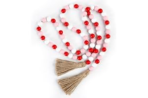 BlueMake Valentine's Day Wood Bead Garland with Tassel,Rustic Wooden Bead Decor Farmhouse Beads Big Wall Hanging Decor (Pink/Red/White)