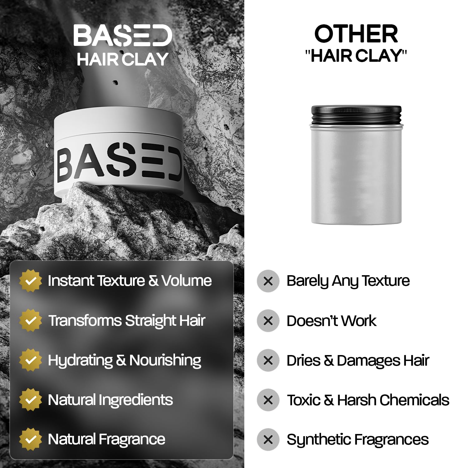 BASED Hair Clay for Men, Premium Hair Clay with Strong Hold, Texturizing Finish, & Low Shine, Hair Styling for Medium, Thick, Straight, or Wavy Hair, Santal Sandalwood Fragrance (3oz Pack of 1)