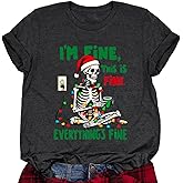 Women Christmas I Am Fine Everything is Fine T-Shirt Casual Short Sleeve Graphic Print Tee Shirts Tops