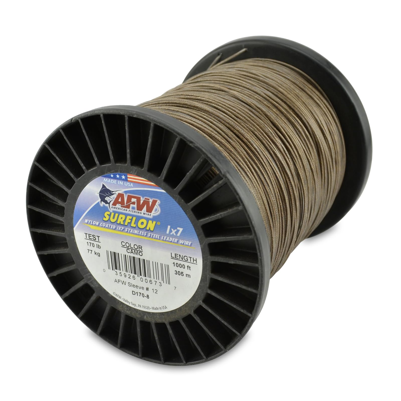American Fishing Wire Surflon, Nylon Coated 1x7 Stainless Steel Leader Wire, 170 lb Test, .065" Diameter, Camo, 1000 ft