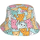 Cute Kawaii Light Blue Cat Cartoon Print Bucket Hat Fisherman Fishing Sun Cap for Adult Women Men Girl Boy Unisex