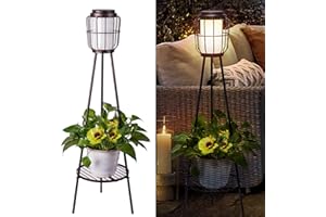 COZY-PAVILION Metal Plant Stand Patio Lights Outdoor Floor Solar Lamps for Decks Porch, Waterproof Garden Stand for Plants (2 Pack, Bronze)