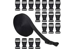 RETON 20mm Wide 10 Yards Black Nylon Webbing Strap + 20 PCS Adjustable Buckles Plastic Side Release Buckles