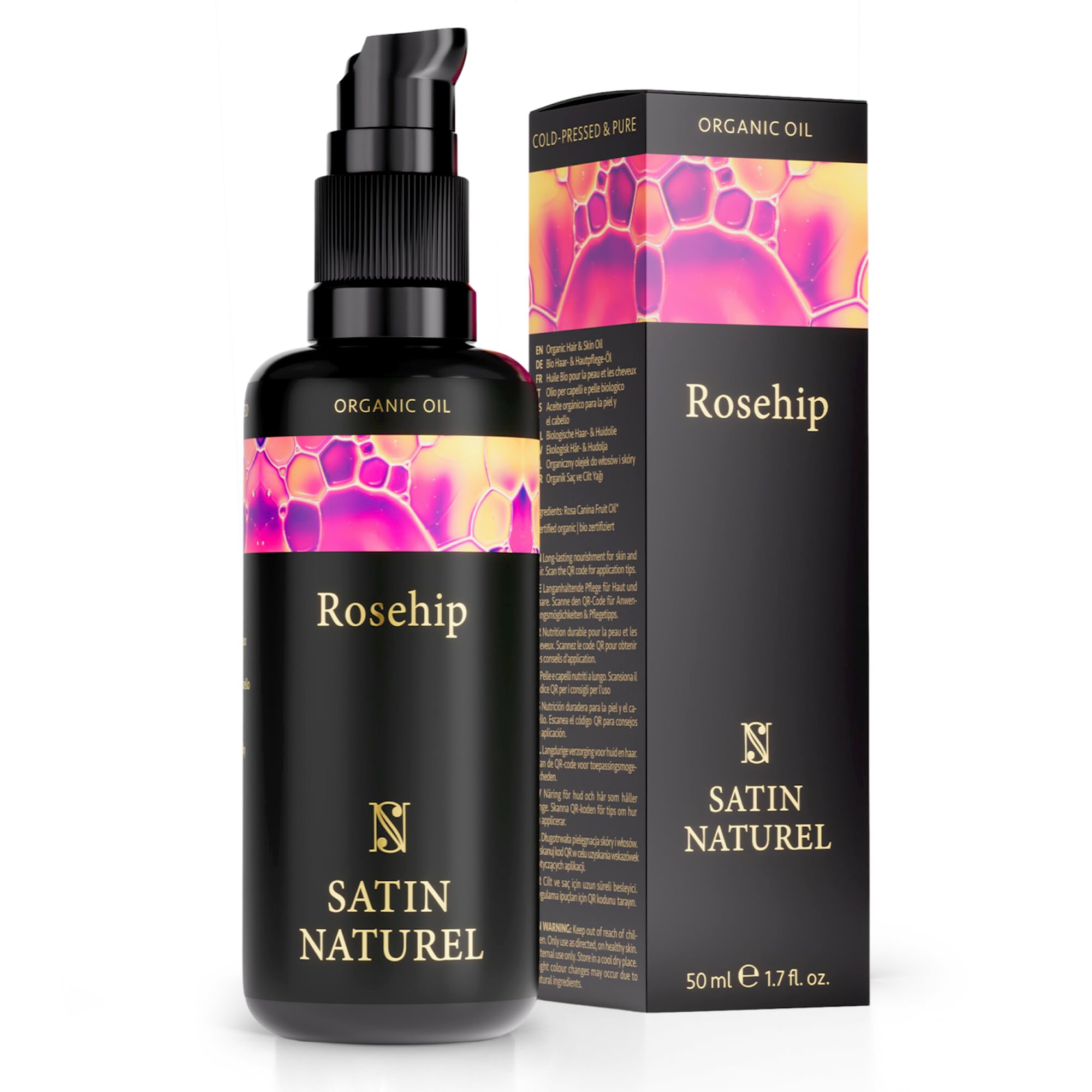 Satin Naturel Organic Rosehip Oil 50ml - Cold Pressed Anti Aging Essential Oil with Vitamin C A E - Face Oil Hair Growth Body Nails and Cuticles Oil - For a Healthy Skin Care Routine - Vegan