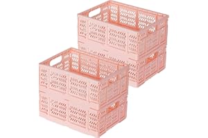 PAG-Mass Heavy Duty Plastic Milk Crates for Storage, 4-Pack Stackable Storage Bins for Organizing, Collapsible Storage Basket with Handle for Groceries, Suitable for Home Office School Store, Pink