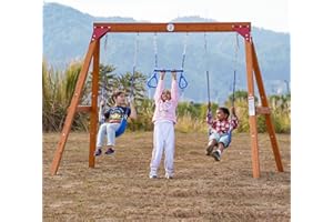 DOLPHIN PLAYGROUND T Dolphin Playground Wooden Swing Sets for Backyard, Family DIY Kit for Any Swings, Outdoor Playset for Kids with Trapeze Swing Bar and 2 Belt Swings, Heavy Duty Playground Accessories, Ages 3-12