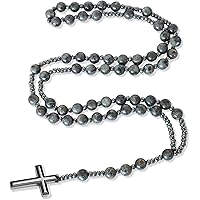FISYOURS Rosary Necklace for Men,Natural Stone Cross Necklaces,Handmade Catholic Rosary Beads with Lava Rocks,Tiger Eye,Obsid