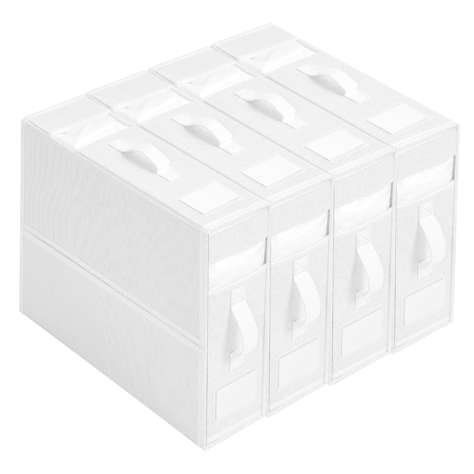 Bed Sheet Organiser, Foldable Closet Organizer for Under Bed, Folding Bedding Cover Storage Bag Box, 2 Visual Windows Closet Containers and Organizers for Sheets, Blankets, Clothes (White 4 Pack)