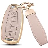 QBUC for Hyundai Key Fob Cover with Keychain (Beige) | Upper Leather + Soft TPU Key Protection Case Fit for Palisade Elantra 5 Button Smart Key