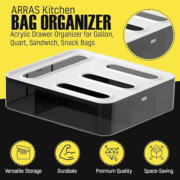 ARRAS FOOD STORAGE BAG ORGANIZER | 4 SLOT STORAGE BAG ORGANIZER FOR DRAWER | PLASTIC STORAGE BAG HOLDER FOR SANDWICH, SNACK & GALLON BAGS | WALL MOUNT INCLUDED