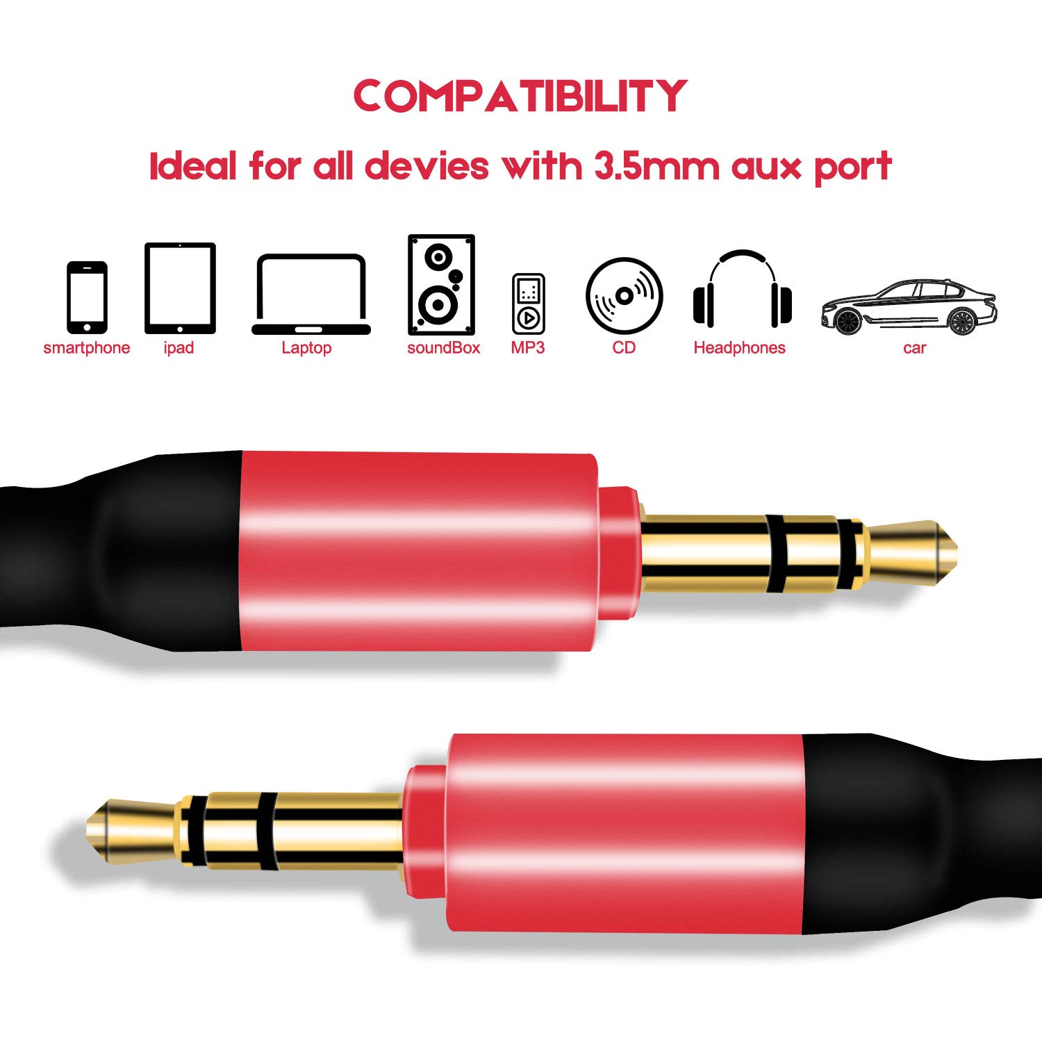 EVISTR 3.5mm Stereo Audio Cable [2Pack 6FT] Aux Cord Male to Male TRS 1/8 inch Jack Cables for Recorder, MP3 Player, Tablets, Headphones, Car & Home Stereos, Speakers More 3.5mm Audio Auxiliary Port