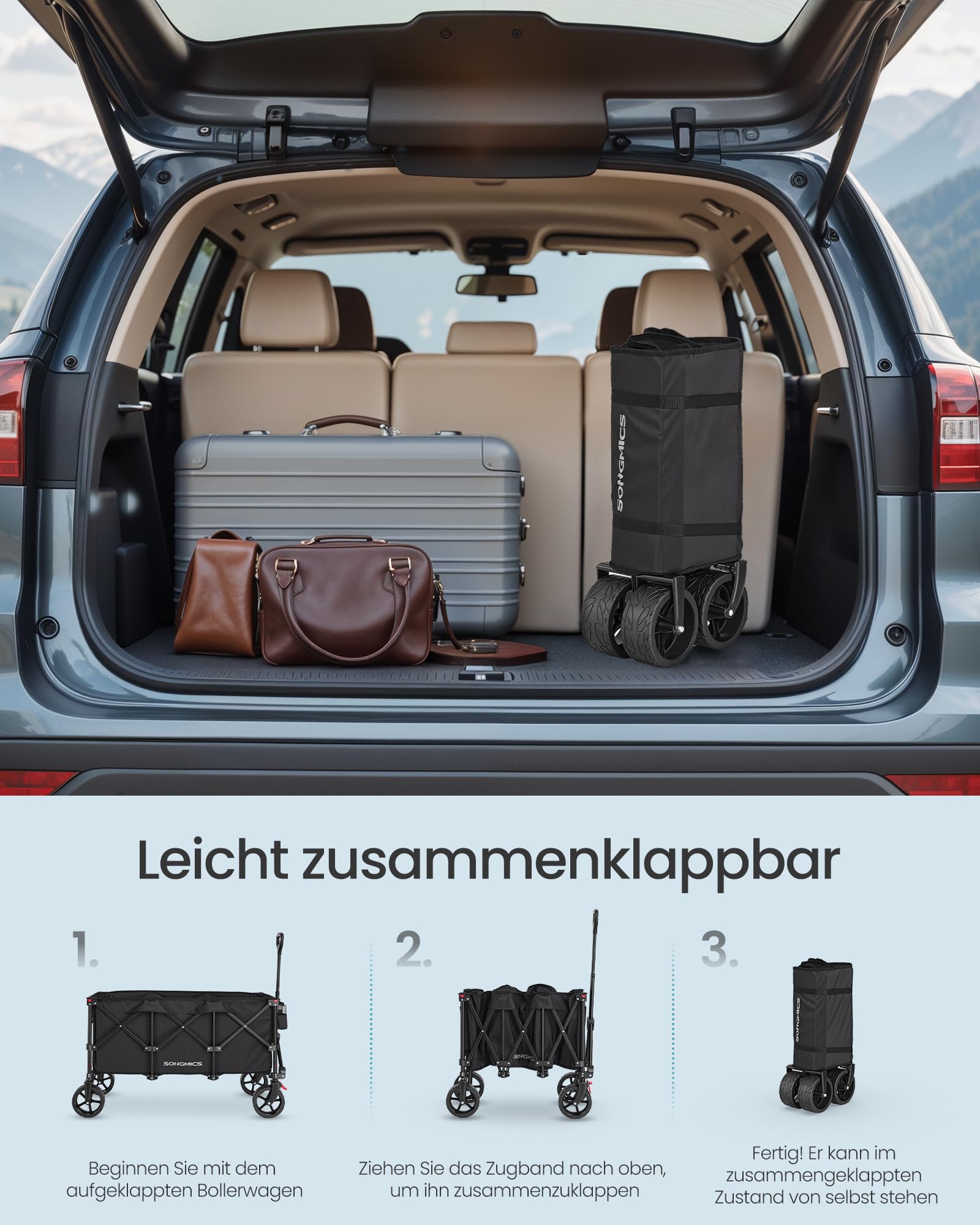 SONGMICS Handwagen faltbar, Bollerwagen, Gartenwagen, Campingwagen mit Griff, 4 abnehmbaren Rollen, Outdoor, Garten, 200 L, bis 150 kg belastbar, tintenschwarz GFW200B101 5