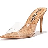 Cape Robbin Women's Clear Heels Sandals | 3.75 Inch Stiletto Open Toe | PU Leather Memory Foam Insole & Cork Heel | Pointed Toe Dressy Mules (Melrose.a)