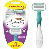 BIC Soleil 5 Sensitive Womens Disposable Razors, 5-Blade, 4-Pack | 5-Blade Design for Smooth Shaving | Moisture Strips with Aloe | Pivoting Head for Curves | Ideal for Travel Kits and Gym Bags