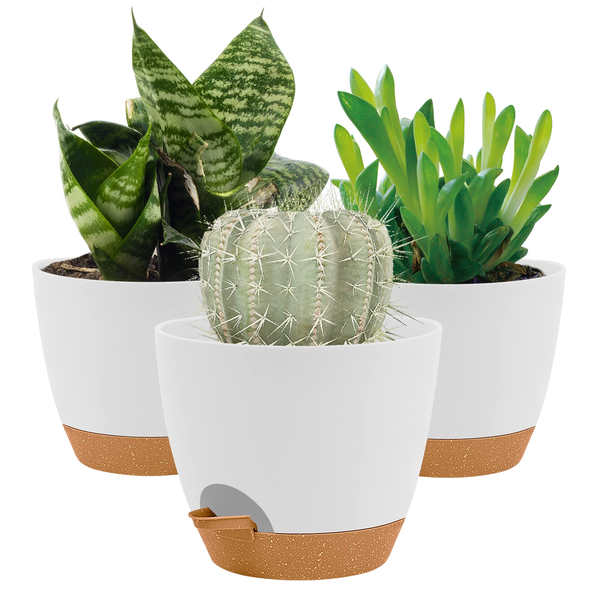 20CM Plant Pots Indoor,Self Watering Plant Pots of 3,Flower Pots with Drainage Holes and Trays,Decorative Modern Suitable for flowers,Snake Plant, Orchid,Lily,Aloe,Violet and House Plant(White)