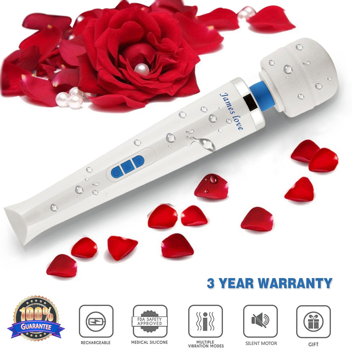 Wand Massager Handheld Wireless and USB Rechargeable with 20 Powerful Vibration Patterns 8 Speeds, James Love Therapy Personal Body Massager for Muscle Aches and Sports Recovery