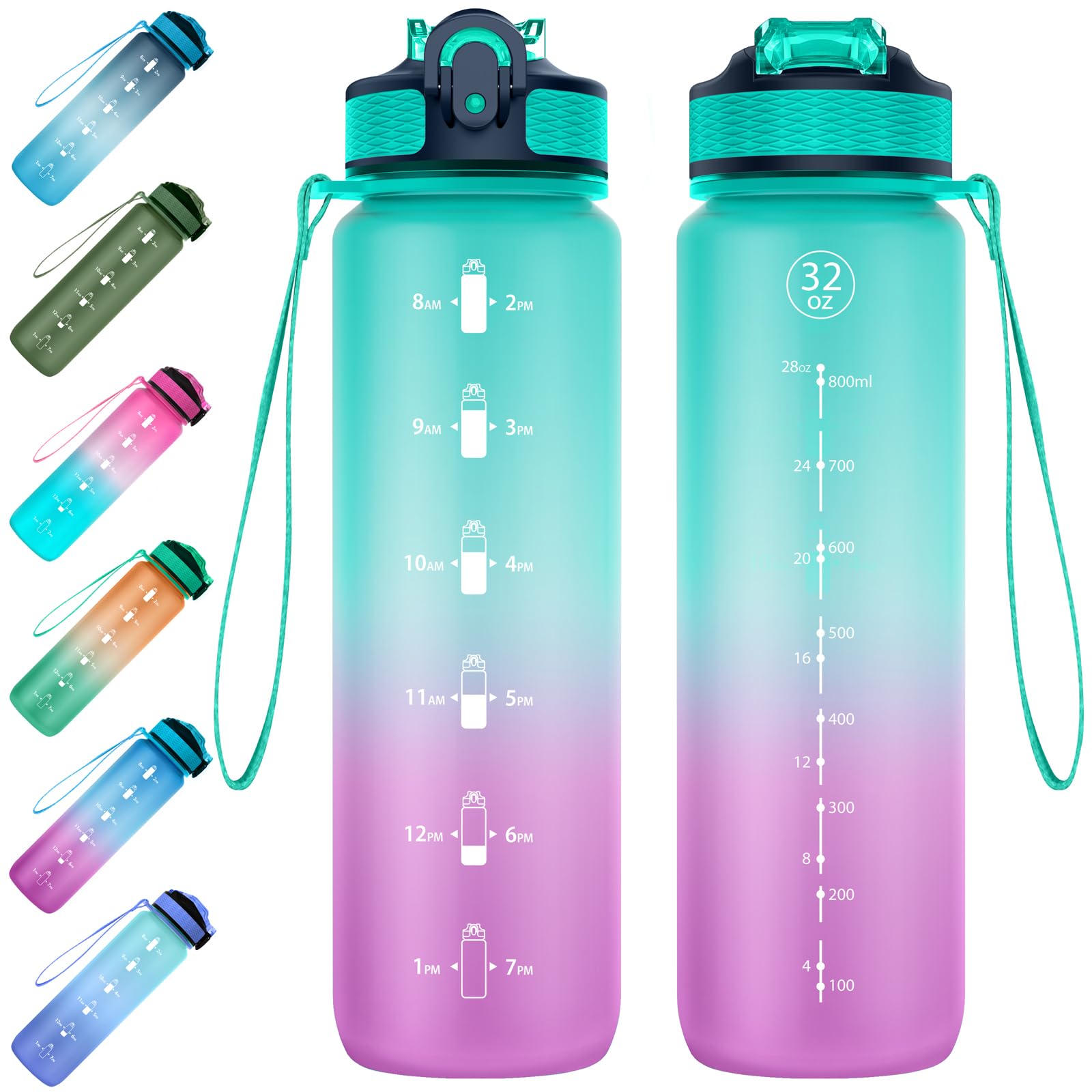 EYQ 1L Water Bottle, 1 Litre Water Bottle with Straw, 32oz Leak-Proof Motivational Sports Drinks Bottle with Time Marker, Tritan BPA-Free, Drinking Waterbottles for Fitness, School, Gym Outdoor Sports
