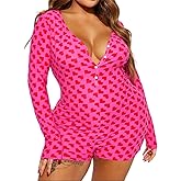 Sorlife Women Valentines Pajamas Y2k Heart Print V Neck Long Sleeve Romper Butt Flap Button Bodycon Shorts Jumpsuit Sleepwear