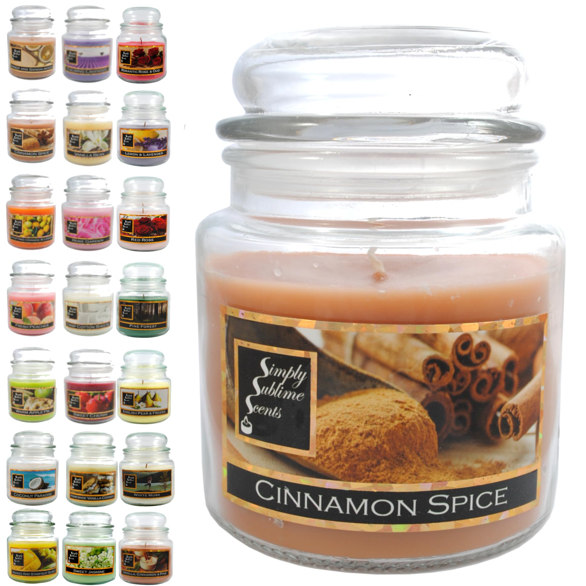 SIMPLY SUBLIME SCENTS - Luxury Scented Candle - Exceptional Fragrance Oil - Medium Glass Jar, Up to 76 Hours - Clever Wax Formula for a Long, Clean & Even Burn - Cinnamon Spice - Cotton Wick