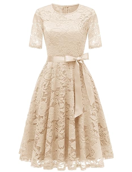 Dresstells Elegant Damen Spitzenkleid Rundhalsausschnitt Kurzarm Cocktailkleider Hochzeit Ballkleid
