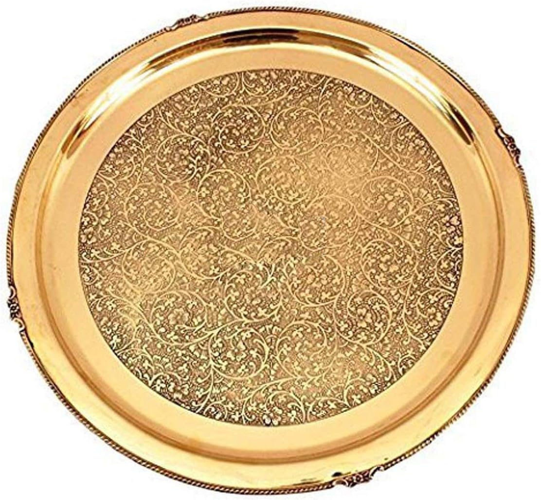 Spiritual World Traditional Pure Brass Puja Pooja Archana Thali Plate for Hindu Prayer - 13" x 1" x 1"