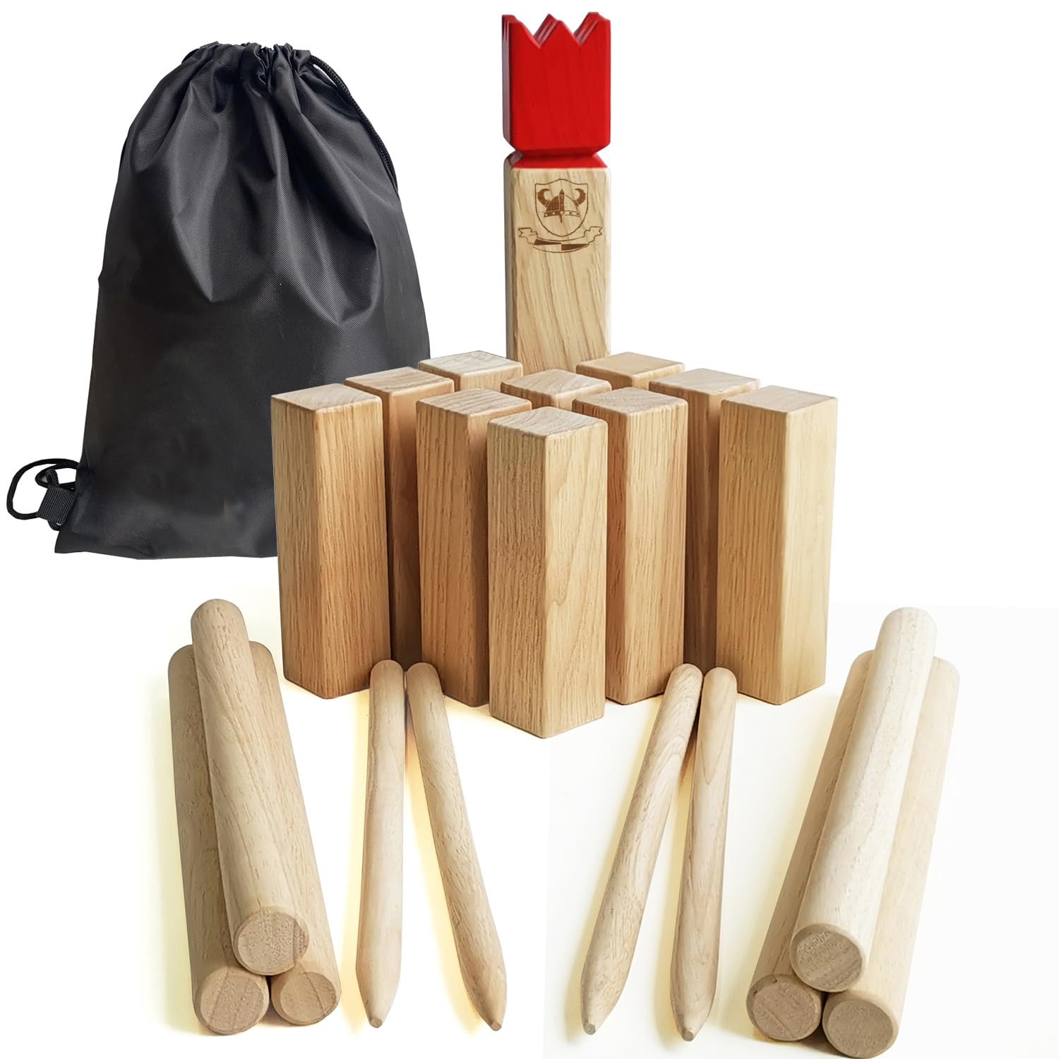 Jac & Mok Kubb Game Set - Hardwood Viking Games -Throwing Outdoor Games (Kubb Red, 5 x 5 x 30cm -King)