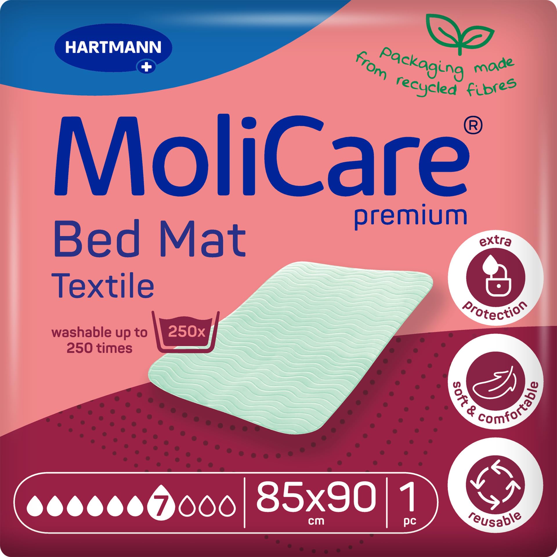 MoliCare Premium Bed Mat Textile, 7 Drops, Washable Incontinence Bed Pads and Mattress Protector, 85x90cm. Pack of 1