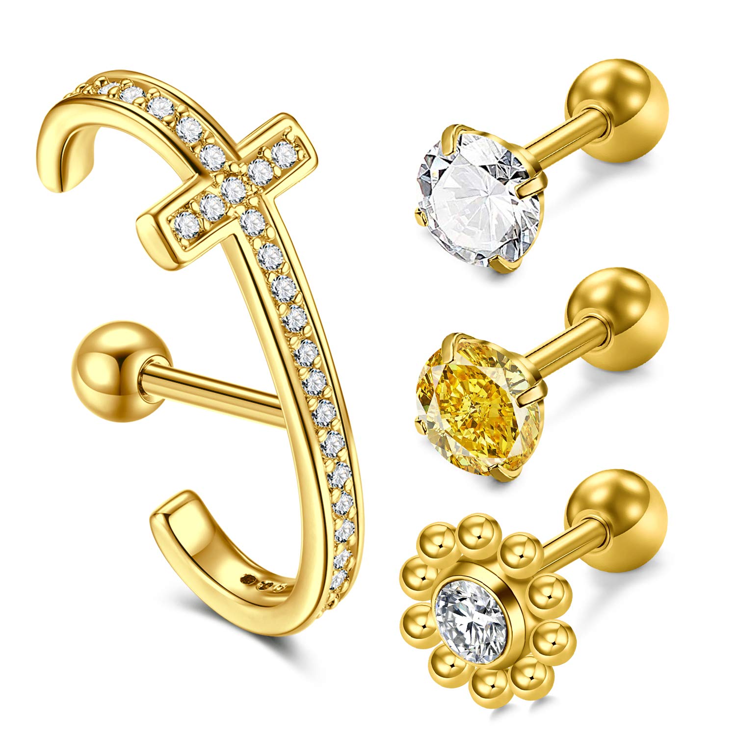 Mayhoop Helix Earrings Tragus Cartilage Earrings Studs for Women Men Helix Studs CZ Ear Piercing 16G 4 Pcs Gold Color