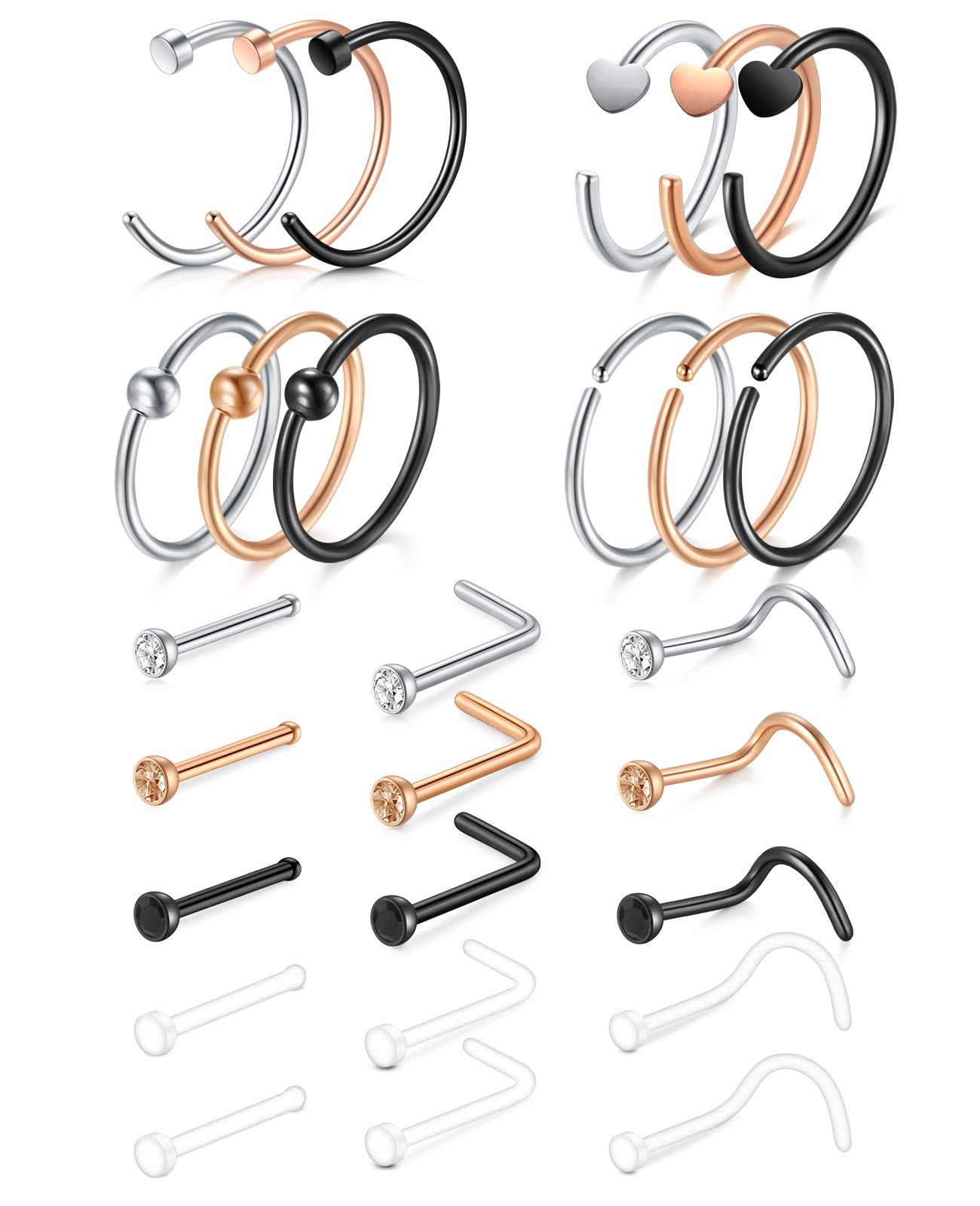 AceFun L Shaped Nose Hoop Rings Studs CZ 20g Nose Stud Hoop Ring Nostril retainers Piercing Jewelry for Womens Mens 27pcs