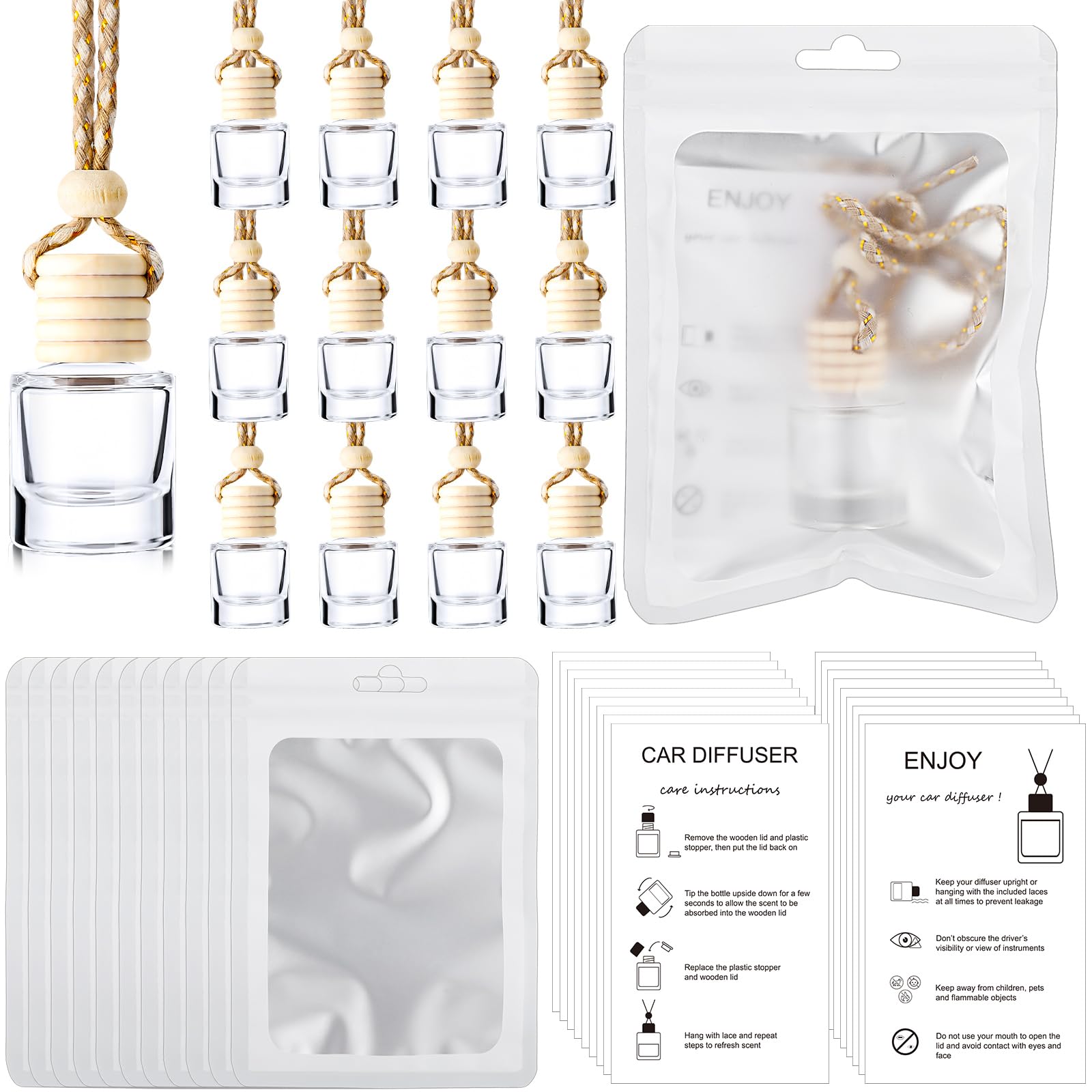 Photo 1 of Boao 100 Sets Hanging Car Air Freshener Diffuser Bottles with Instruction Card and 4 x 6'' Resealable Holographic Bag for Empty Car Essential Oil Perfume Bottles Packaging(White Card,Cylinder)