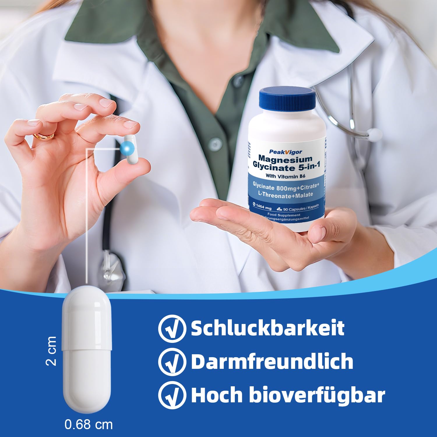 Magnesium Komplex 5 in 1-226mg elementares 105% NRV- Premium 1464mg Magnesiumglycinat, Citrat, Malat, L‑Threonat, Vitamin - hochdosiert - zur Unterstützung von Muskeln, Knochen, Herz, Nerven 4