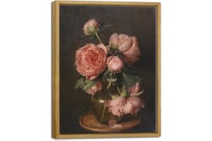 Pyradecor Vintage Home Decor Framed Canvas Wall Art Pfingstrosen Classical Floral Painting Artwork for Living Room Bedroom Fa