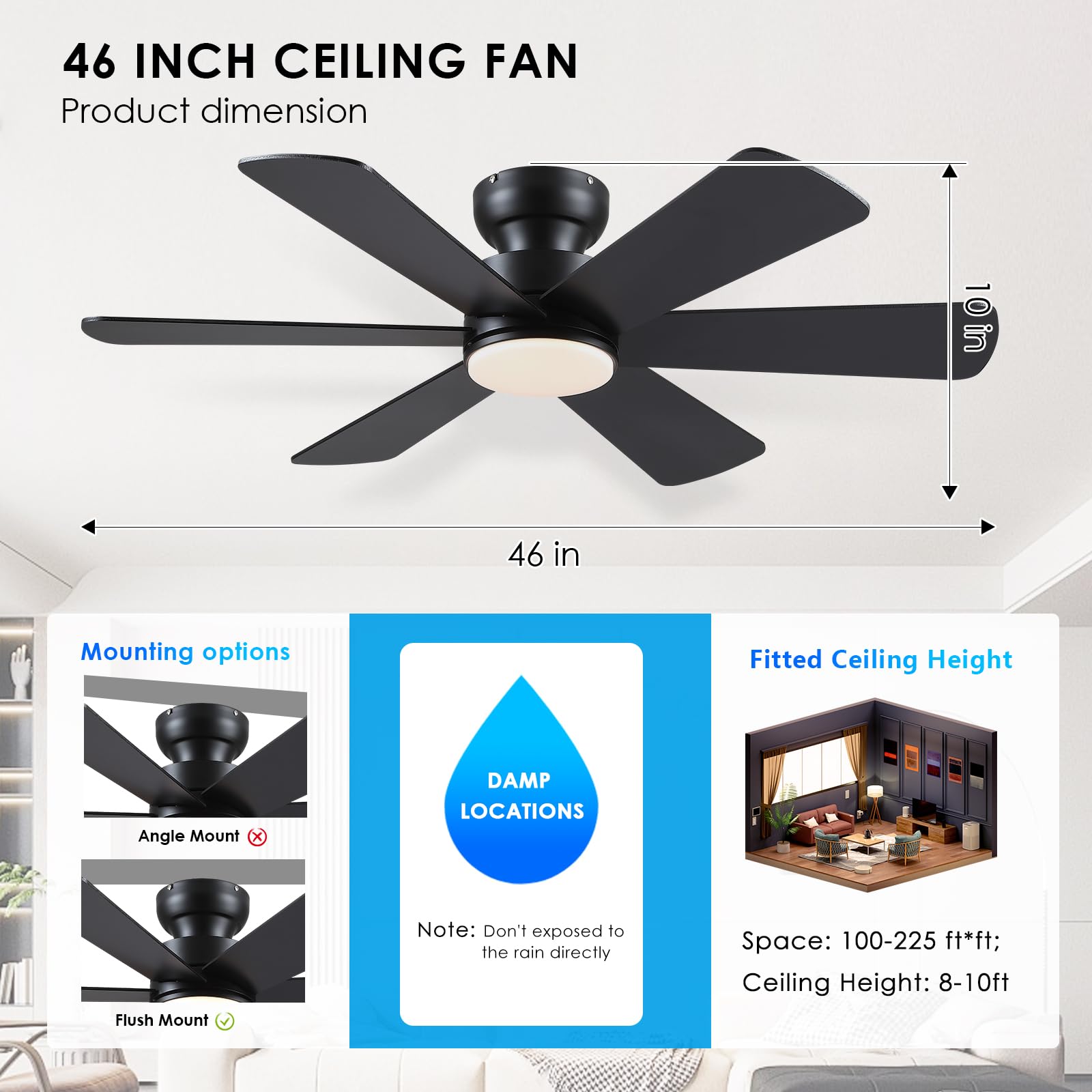 46 inch Ceiling Fans with Lights, Black Ceiling Fan with Remote APP, Dual-Sided Modern/Rustic 6 Blades, Reversible, 3CCT, Flush Mount Low Profile Ceiling Fan with Lights Bedroom Kitchen Indoor