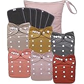 babygoal Reusable Charcoal Cloth Diapers with Double Gussets, 6 Pack Washable Baby Pocket Diapers with 6pcs Charcoal Inserts and Wet Dry Bag(Neutral Color)