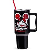 Silver Buffalo Disney Classic Mickey Mouse Hashtag Current Mood “#currentmood” Double Walled Stainless Steel Tumbler with Handle and Straw, Fits in Standard Cup Holder, 40 Ounces
