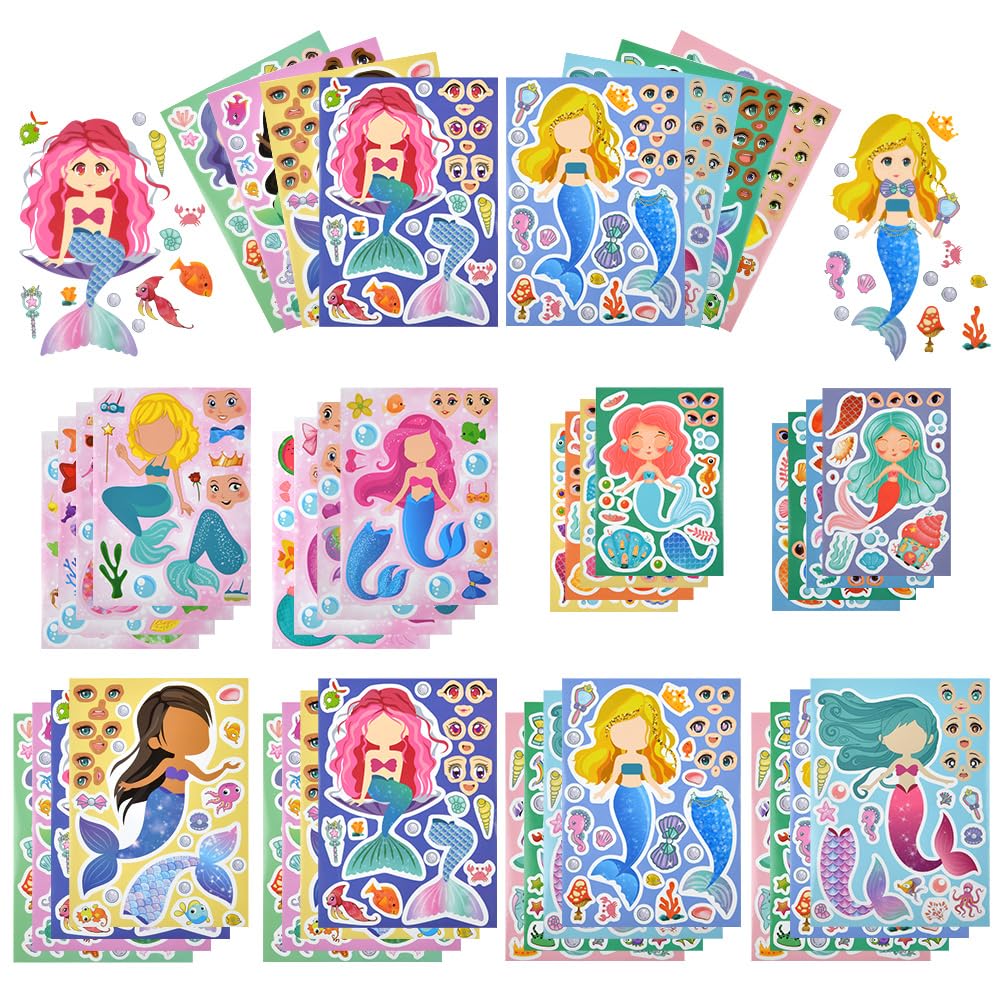 OSDUE 32 PCS Make a Face Sticker Sheets, Princess DIY Stickers for Kids Crafts, Make Your Own Stickers Mix and Match Sticker Sheets for Birthday Party Decorations Party Supplies (Mermaid-32 Sheets) — image 1
