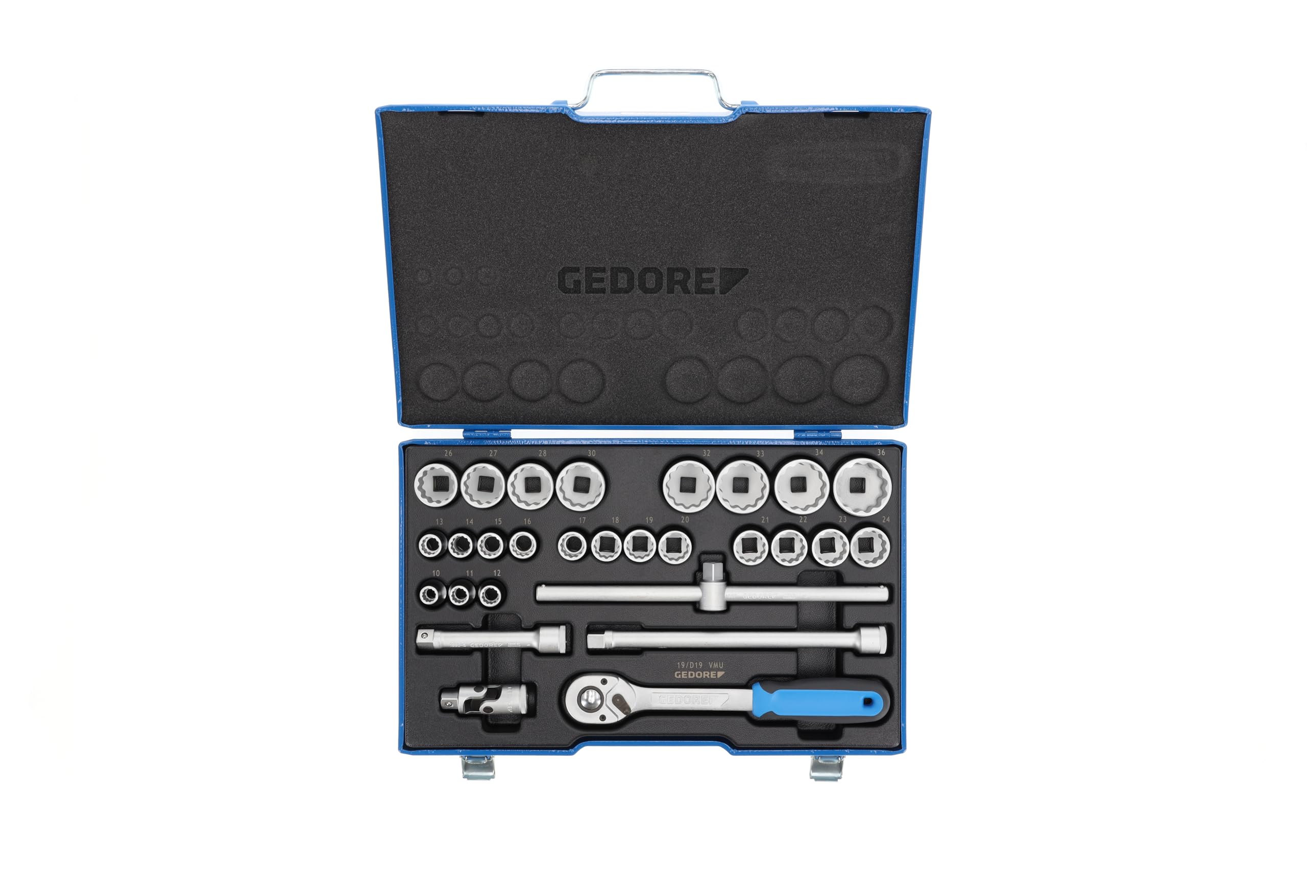 GEDORE 28-piece Socket spanner set, Hex/bi-hex, 1/2", 10-36 mm, Tool, Ratchet with lever reverse, for carmotive, D19 VMU 10, Red (2682877)