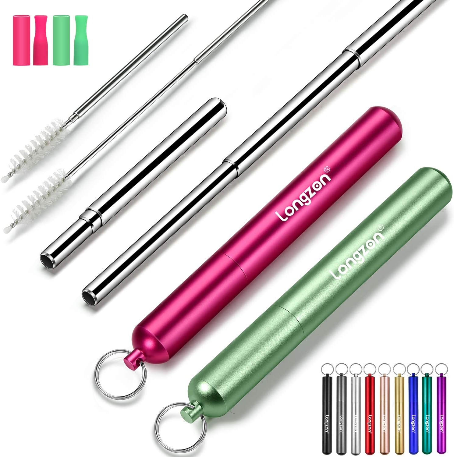 longzon Reusable Straw, 2 Pack Collapsible Stainless Steel Straws