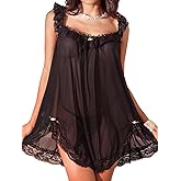 Foxiny Sexy Bows Split Side Ruffle Lace Mesh Sheer Babydoll Lingerie Dress Nightgown Set with Thong 2 Piece